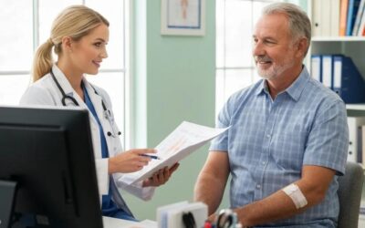 A patient discussing care with a clinician